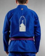 Cross embroidery on the back of a blue BJJ Gi