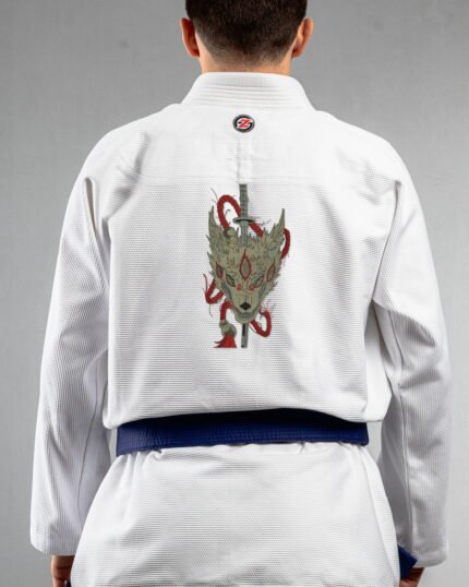 Cursed Howl embroidery on the back of a white BJJ Gi