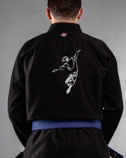 Dance embroidery on the back of a black BJJ Gi
