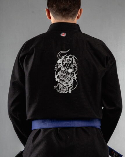 Dark Oni Mask embroidery on the back of a black BJJ Gi