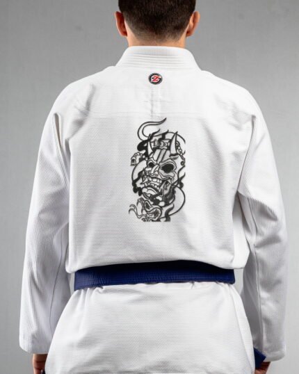Dark Oni Mask embroidery on the back of a white BJJ Gi