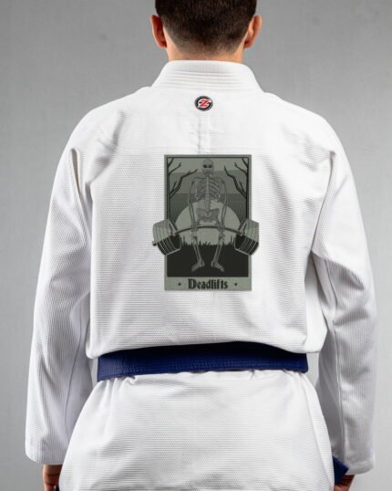 Deadlift embroidery on the back of a white BJJ Gi