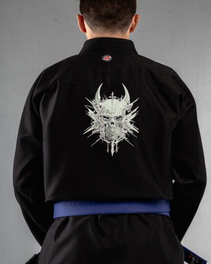 Demon Skull ,demon Head embroidery on the back of a black BJJ Gi