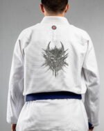 Demon Skull ,demon Head embroidery on the back of a white BJJ Gi