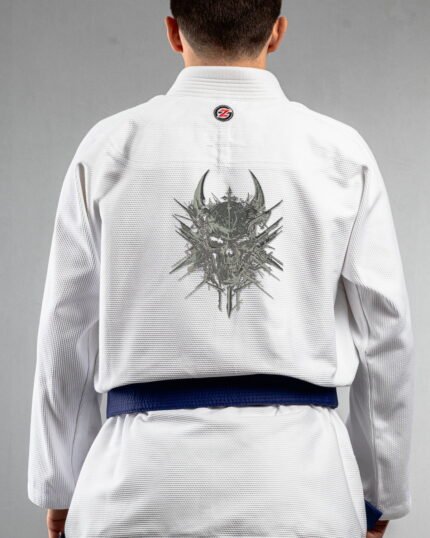 Demon Skull ,demon Head embroidery on the back of a white BJJ Gi