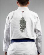Demon Knife embroidery on the back of a white BJJ Gi