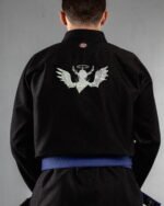 Demonic Angel embroidery on the back of a black BJJ Gi