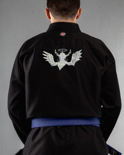 Demonic Angel embroidery on the back of a black BJJ Gi