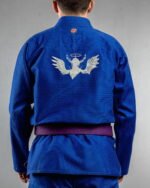 Demonic Angel embroidery on the back of a blue BJJ Gi