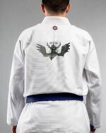 Demonic Angel embroidery on the back of a white BJJ Gi
