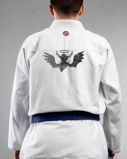 Demonic Angel embroidery on the back of a white BJJ Gi