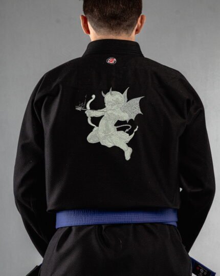 Devil Baby Embroiery embroidery on the back of a black BJJ Gi