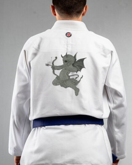 Devil Baby Embroiery embroidery on the back of a white BJJ Gi