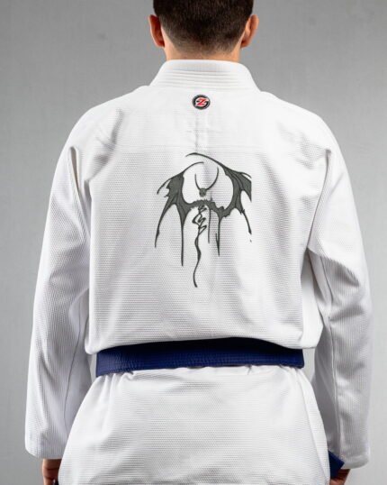 Devil embroidery on the back of a white BJJ Gi