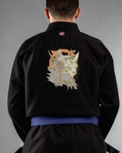 Devil's Spy Cat embroidery on the back of a black BJJ Gi
