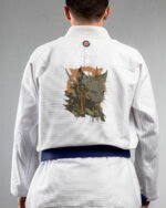 Devil's Spy Cat embroidery on the back of a white BJJ Gi