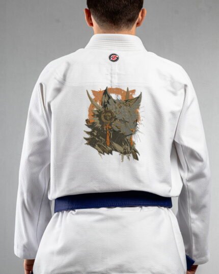 Devil's Spy Cat embroidery on the back of a white BJJ Gi