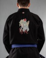 Different embroidery on the back of a black BJJ Gi