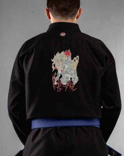 Different embroidery on the back of a black BJJ Gi