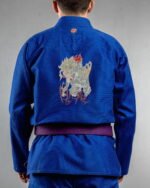 Different embroidery on the back of a blue BJJ Gi