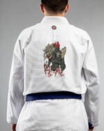 Different embroidery on the back of a white BJJ Gi