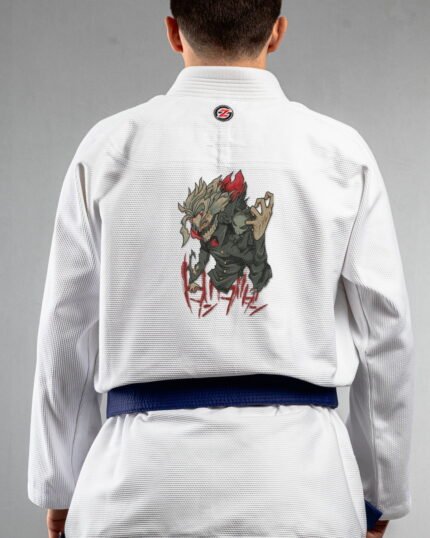 Different embroidery on the back of a white BJJ Gi