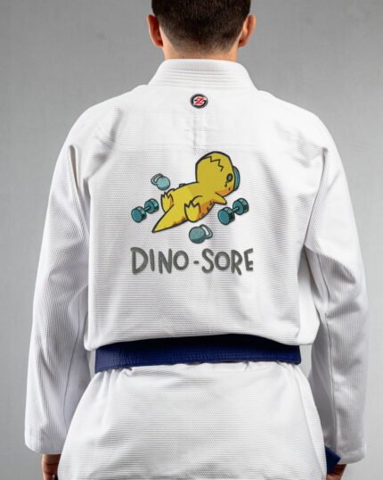 Dino Sore embroidery on the back of a white BJJ Gi