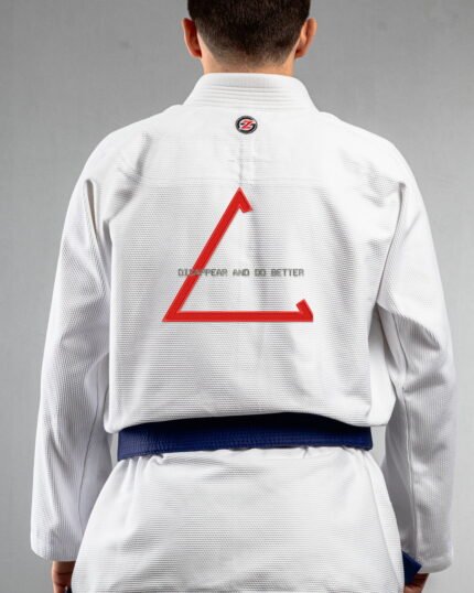 Disappear & Do Better embroidery on the back of a white BJJ Gi