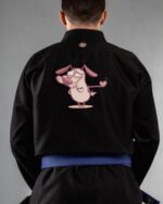 Dog Love embroidery on the back of a black BJJ Gi