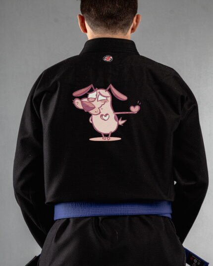 Dog Love embroidery on the back of a black BJJ Gi