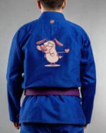 Dog Love embroidery on the back of a blue BJJ Gi