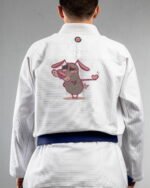 Dog Love embroidery on the back of a white BJJ Gi