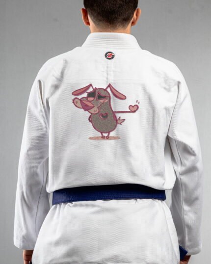 Dog Love embroidery on the back of a white BJJ Gi
