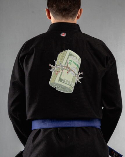 Dollar embroidery on the back of a black BJJ Gi
