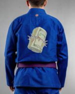Dollar embroidery on the back of a blue BJJ Gi