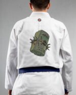 Dollar embroidery on the back of a white BJJ Gi