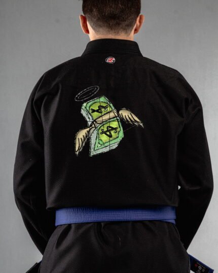 Dollars embroidery on the back of a black BJJ Gi