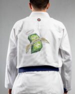 Dollars embroidery on the back of a white BJJ Gi