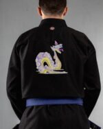 Doodle Snake embroidery on the back of a black BJJ Gi