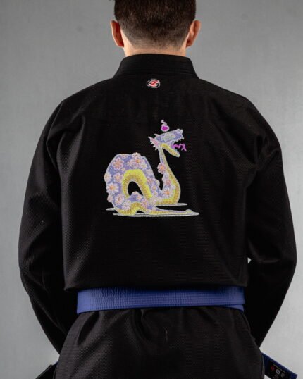 Doodle Snake embroidery on the back of a black BJJ Gi