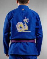 Doodle Snake embroidery on the back of a blue BJJ Gi