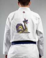 Doodle Snake embroidery on the back of a white BJJ Gi