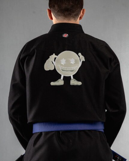 Doodles embroidery on the back of a black BJJ Gi
