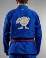 Doodles embroidery on the back of a blue BJJ Gi