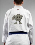 Doodles embroidery on the back of a white BJJ Gi