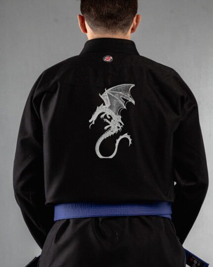 Dragon embroidery on the back of a black BJJ Gi