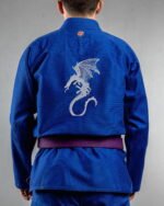 Dragon embroidery on the back of a blue BJJ Gi