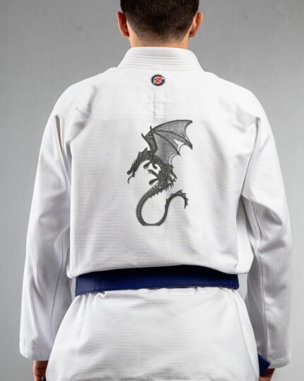 Dragon embroidery on the back of a white BJJ Gi