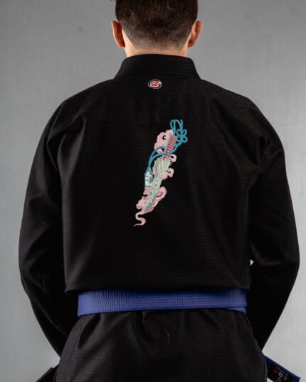 Dragon Dagger embroidery on the back of a black BJJ Gi