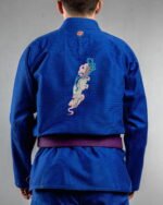 Dragon Dagger embroidery on the back of a blue BJJ Gi